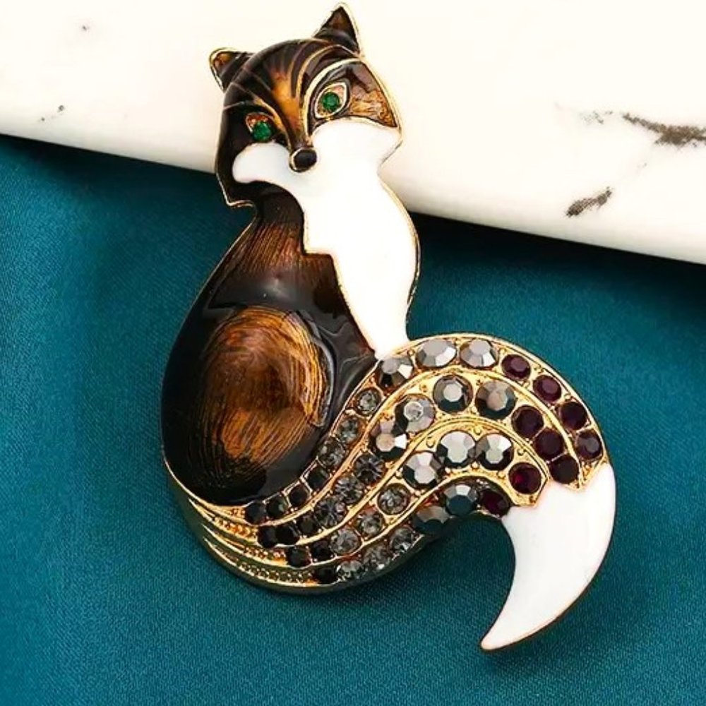Fox Brooch Crystal Rhinestones Enamel Pin Gold Stylish Trendy Cute Glam Fashion